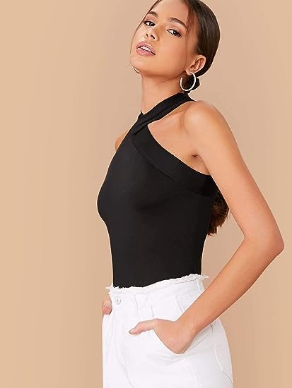 Women's Solid Criss Cross Halter Top Sleeveless